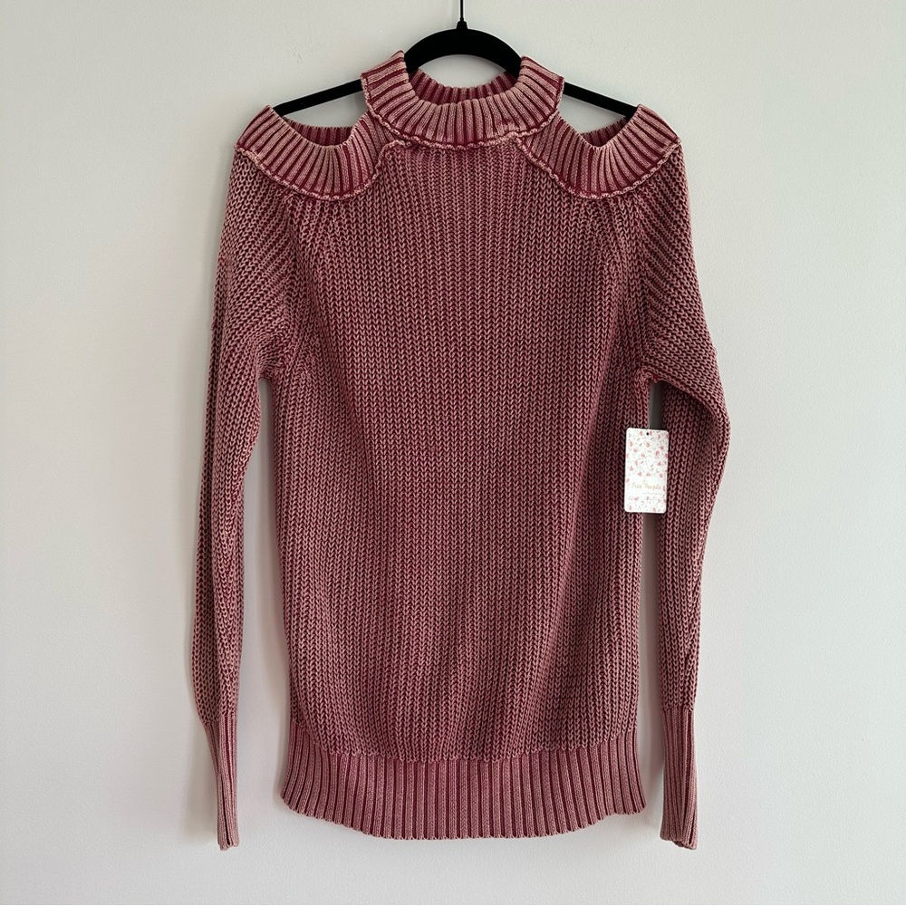 NWT Free People Half Moon Bay Pullover Sweater Cold Shoulder Long Sleeve Red - Picture 3 of 7